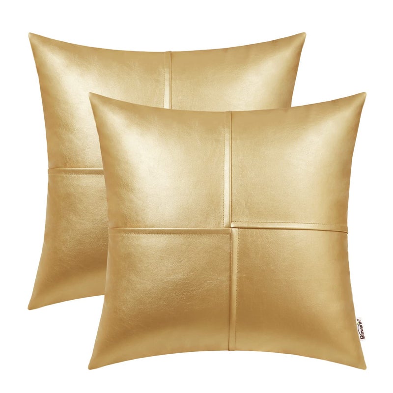 BRAWARM Faux Leather Throw Pillow Covers 16 X 16 Inches, Gold Leather Pillow Covers Pack of 2, Hand Stitched Leather Decorative Throw Pillows for Couch Sofa Bed Living Room Home Garden - Image 1